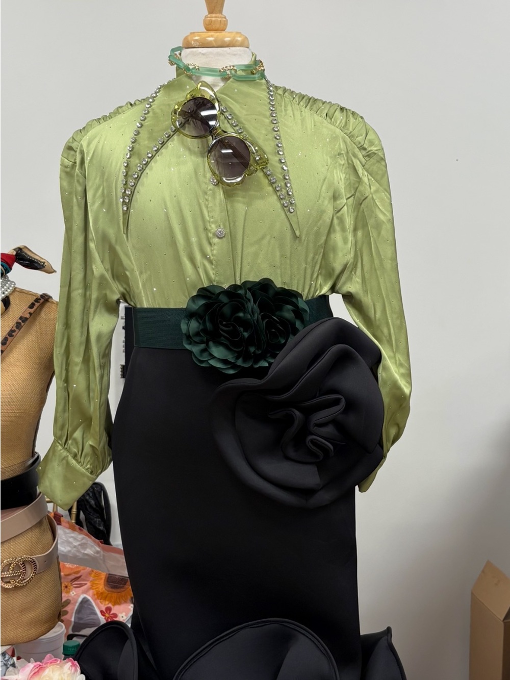Elegant Light Green Satin Blouse with rhinestone airplane collar